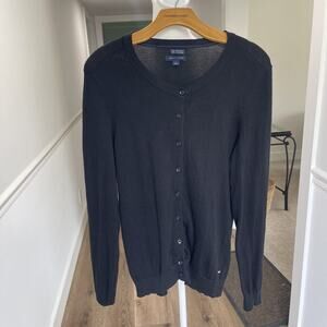 Women M Black Pima Cotton Cardigan Basic Staple Classic Preppy Crew Neck Button